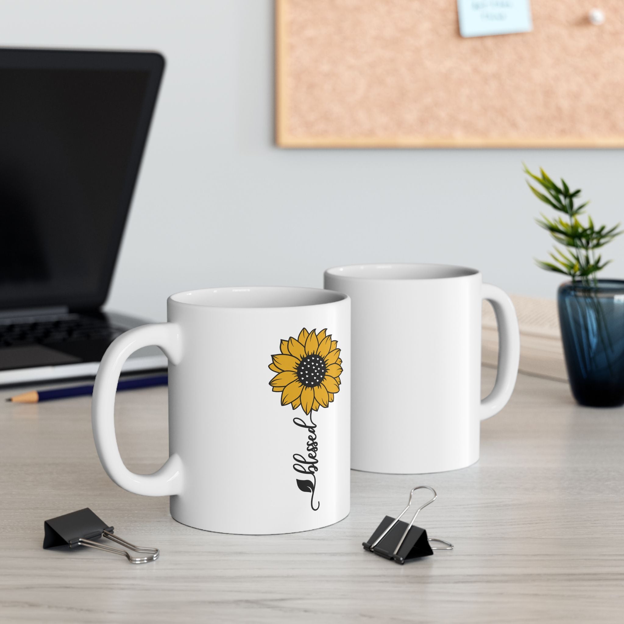 Retro Boho Sunflower Blessed Cursive Cute Novelty Coffee White Ceramic Gift Mug