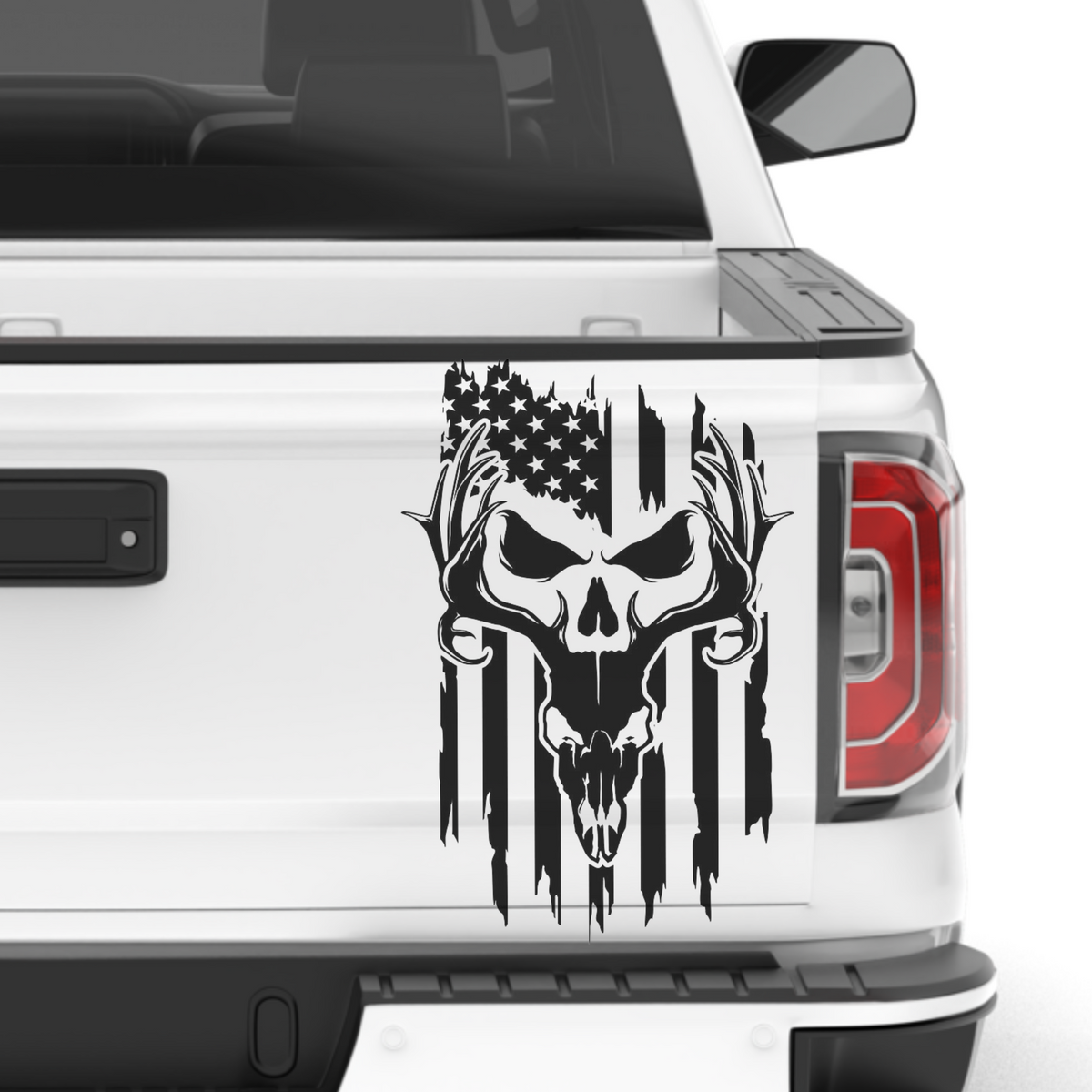 Calcomanía de calavera de cabra con bandera estadounidense destrozada y patriótica de EE. UU.