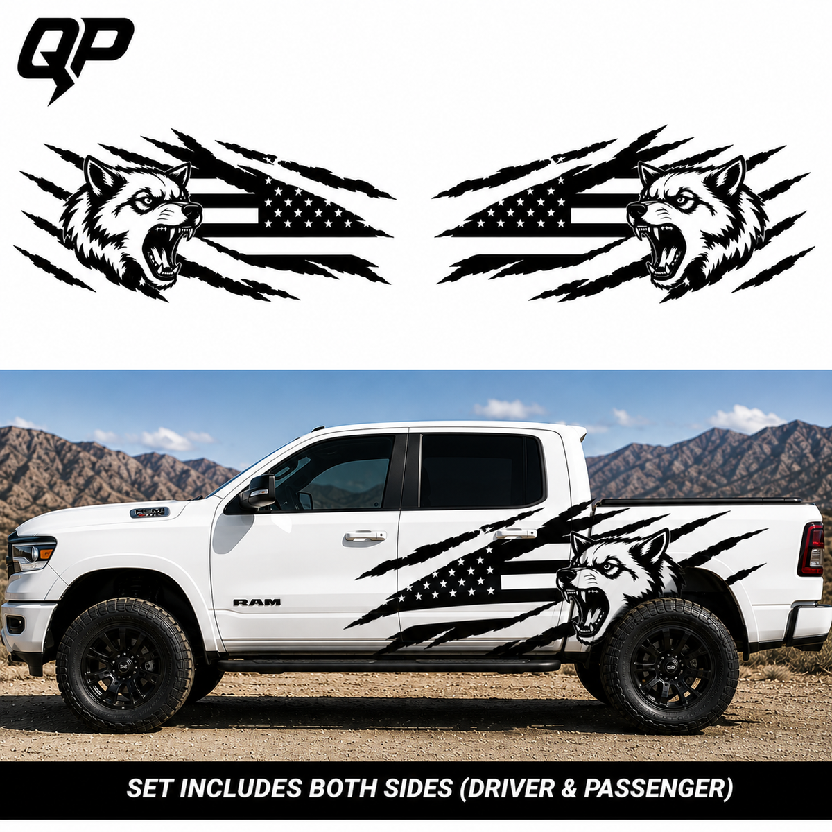 Wolf American Flag Vinyl Decal Set – Ram 1500 | Side Graphic