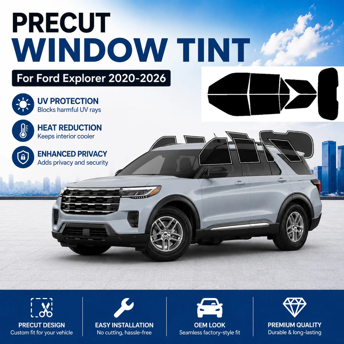 Precut Window Tint Kit for Ford Explorer (2020–2026) | UV Block & Privacy Film