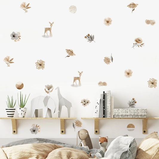 Boho Cartoon Wildflowers Woodland Animal Nursery Decor Watercolor Vinyl Wall Decals Print Kids Girls Room Interior Home Decor