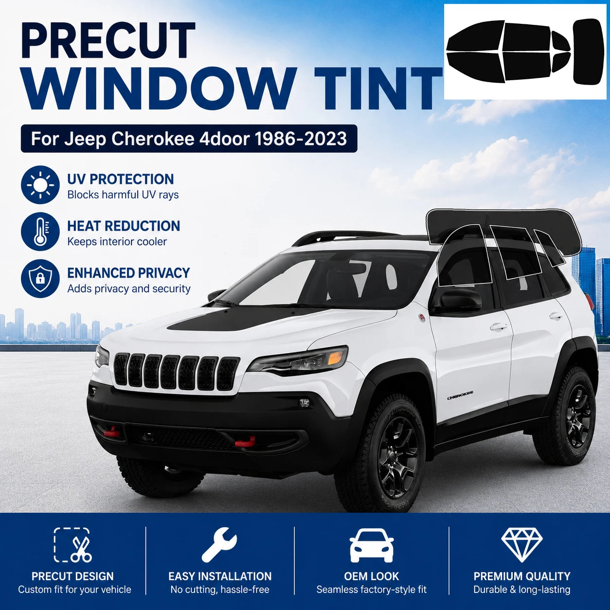 Precut Window Tint Kit for Jeep Cherokee 4-Door (1986–2023) | UV Block & Privacy Film