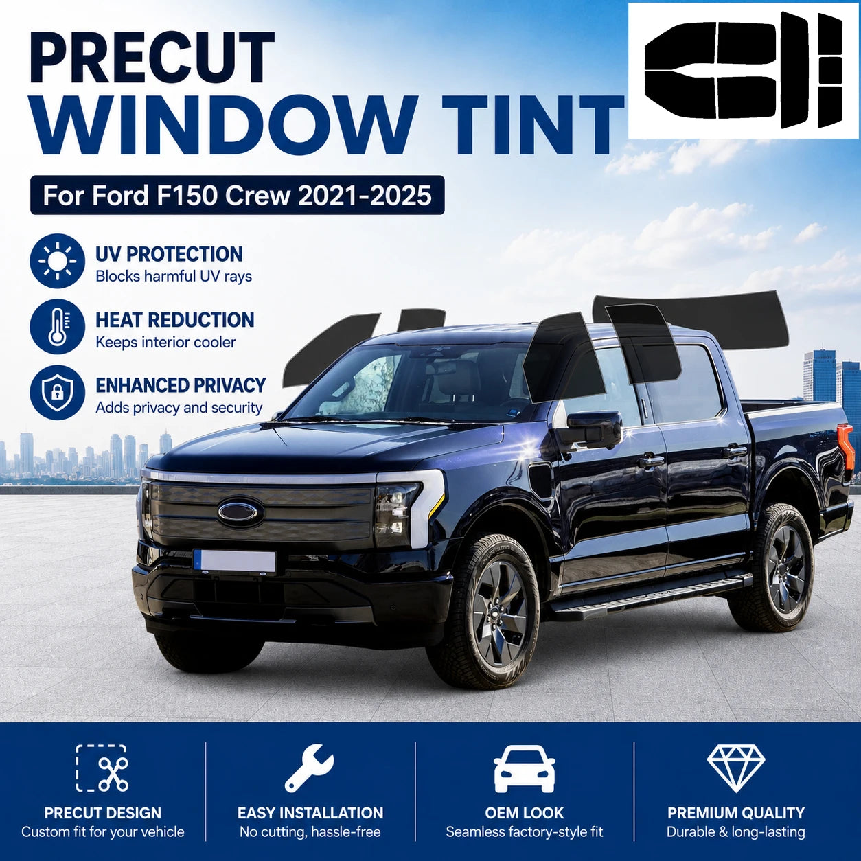 Precut Window Tint Kit for Ford F-150 Crew Cab (2021–2025) | UV Block & Privacy Film