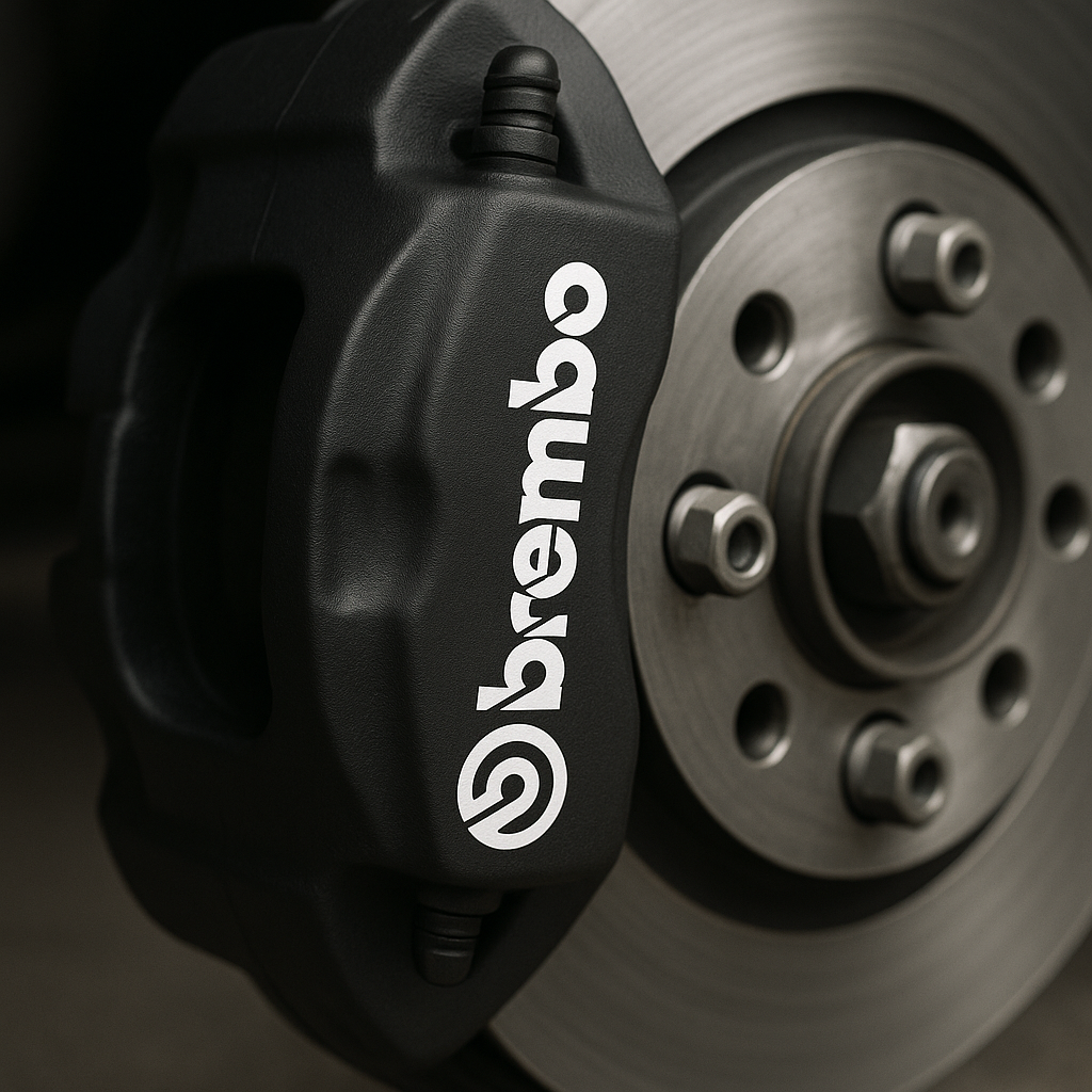 Brembo brake caliper on a car wheel with a close-up view