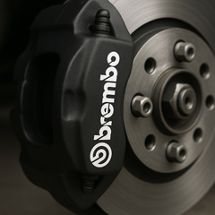 Brembo brake caliper on a car wheel with a close-up view