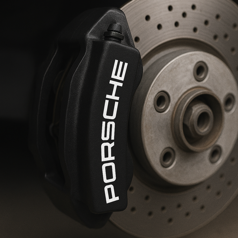 Close-up of a Porsche brake caliper on a car rotor.