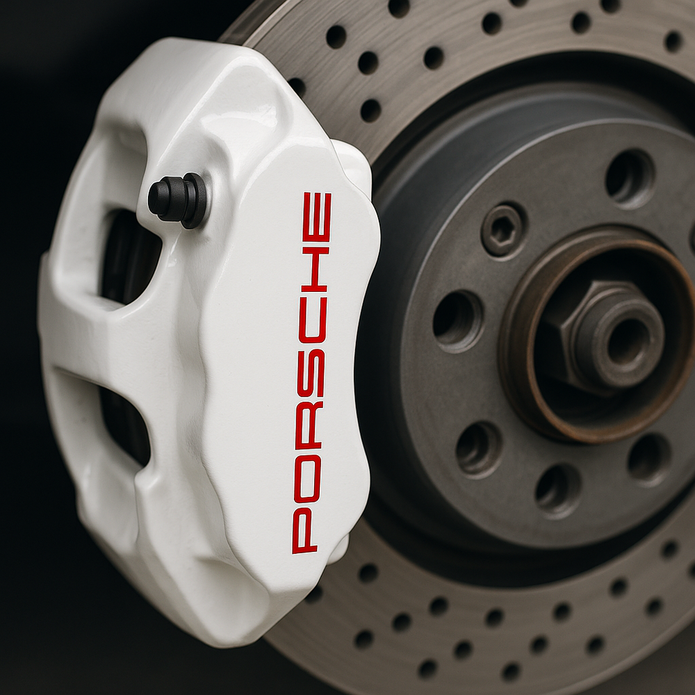 White Porsche brake caliper on a car rotor with red 'Porsche' branding.