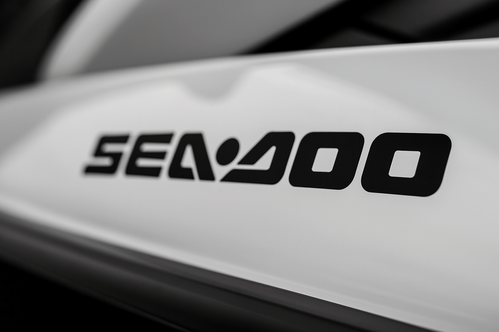 Close-up of a Sea-Doo logo on a metallic surface