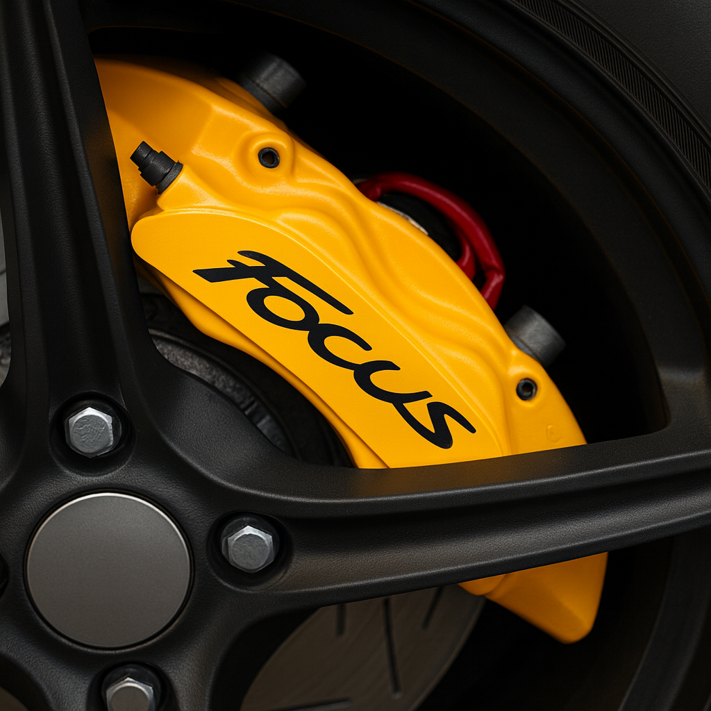 Close-up of a yellow 'Focus' brake caliper on a black background