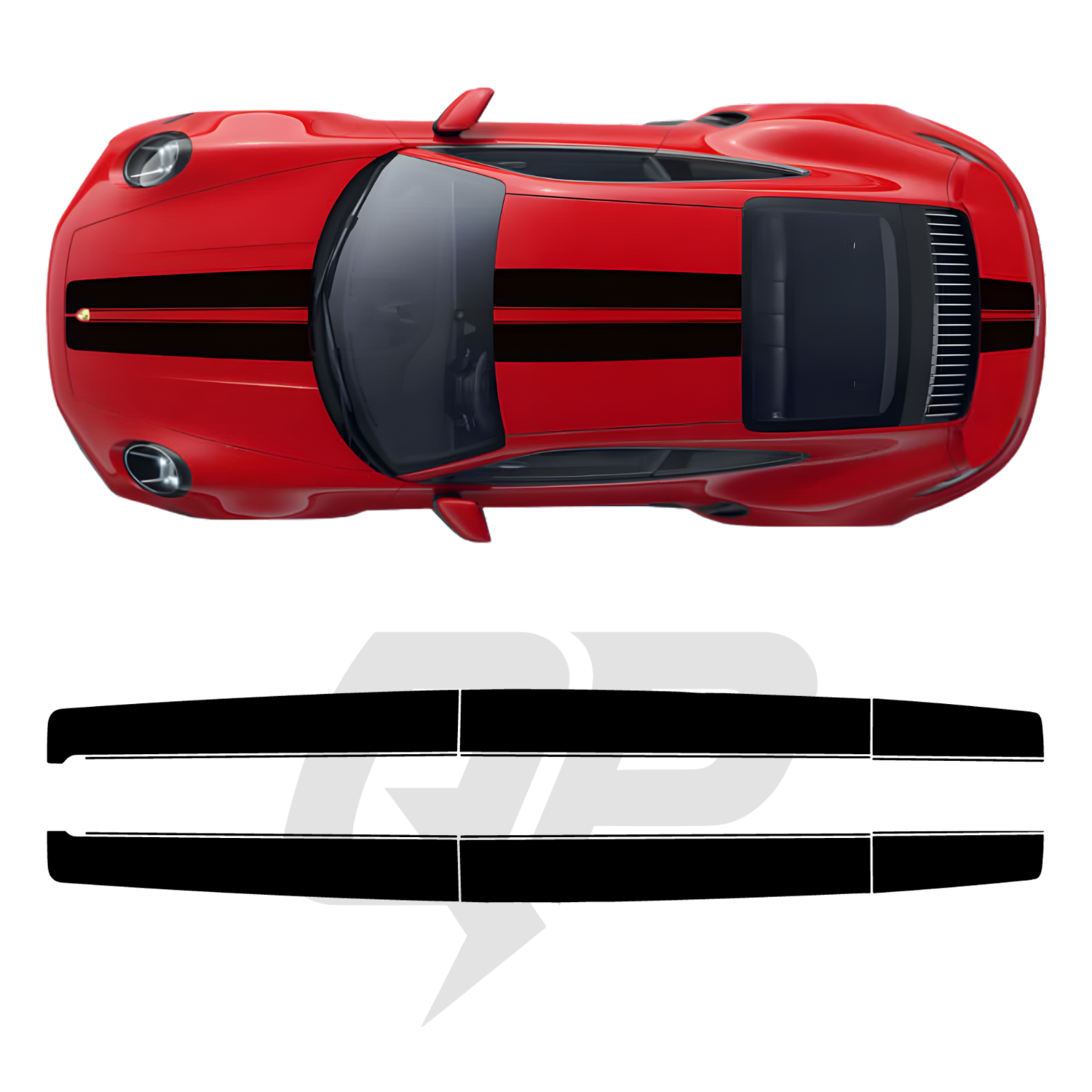 Red car with black stripes and a set of black car decals on a white background