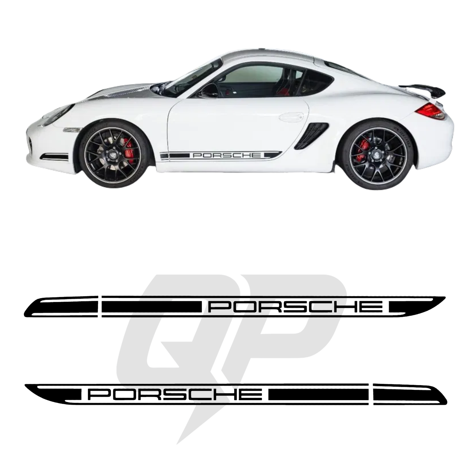 White Porsche car with black Porsche logo decal on a white background