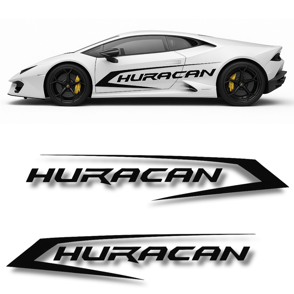 White sports car with 'Huracan' branding and three 'Huracan' logo designs below.