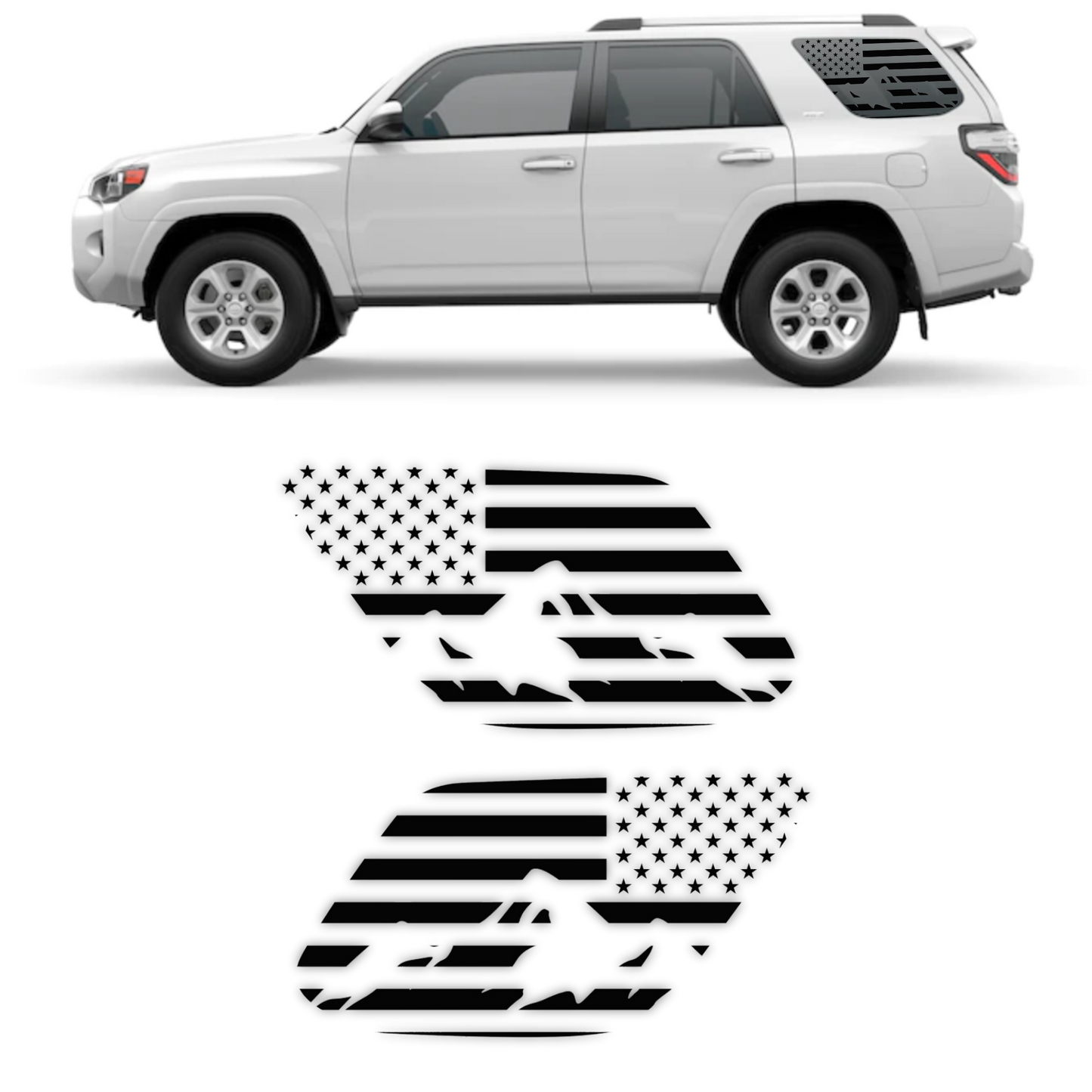 Patriotic American Flag Off-Road Mountain Decal Sticker Fits: 2010-2022 Toyota 4 Runner Rear Quarter Windows (Set of 2)