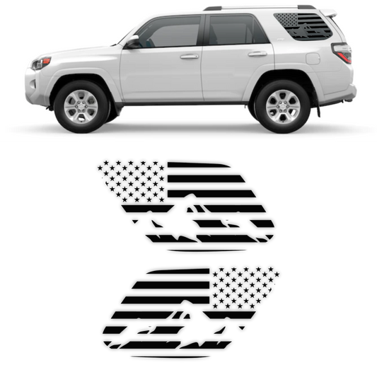 Patriotic American Flag Off-Road Mountain Decal Sticker Fits: 2010-2022 Toyota 4 Runner Rear Quarter Windows (Set of 2)