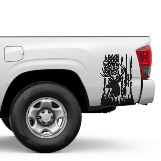 Deer Hunting Patriotic USA Flag Vinyl Decal For Car Truck Window Bumper