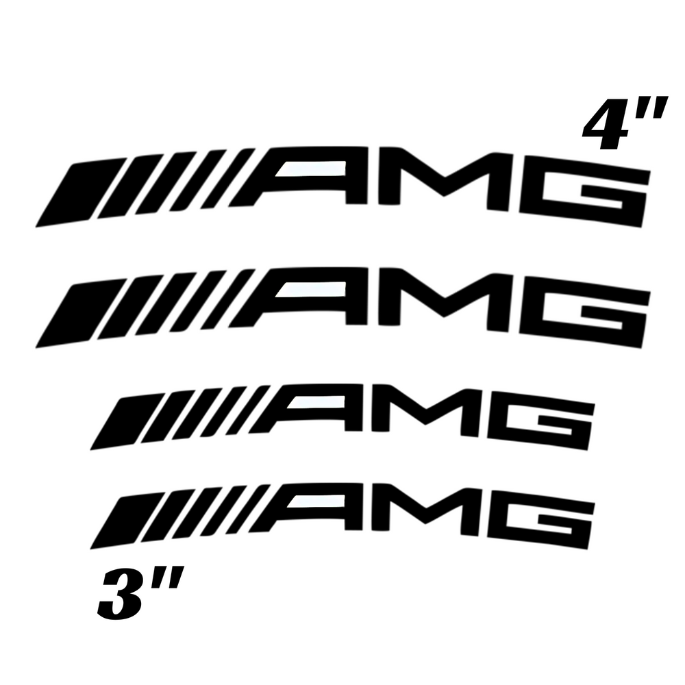 Set of AMG logo decals with dimensions on a white background