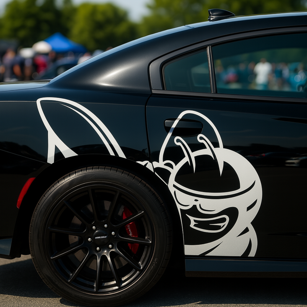 Black car with white graphic design on a blurred background