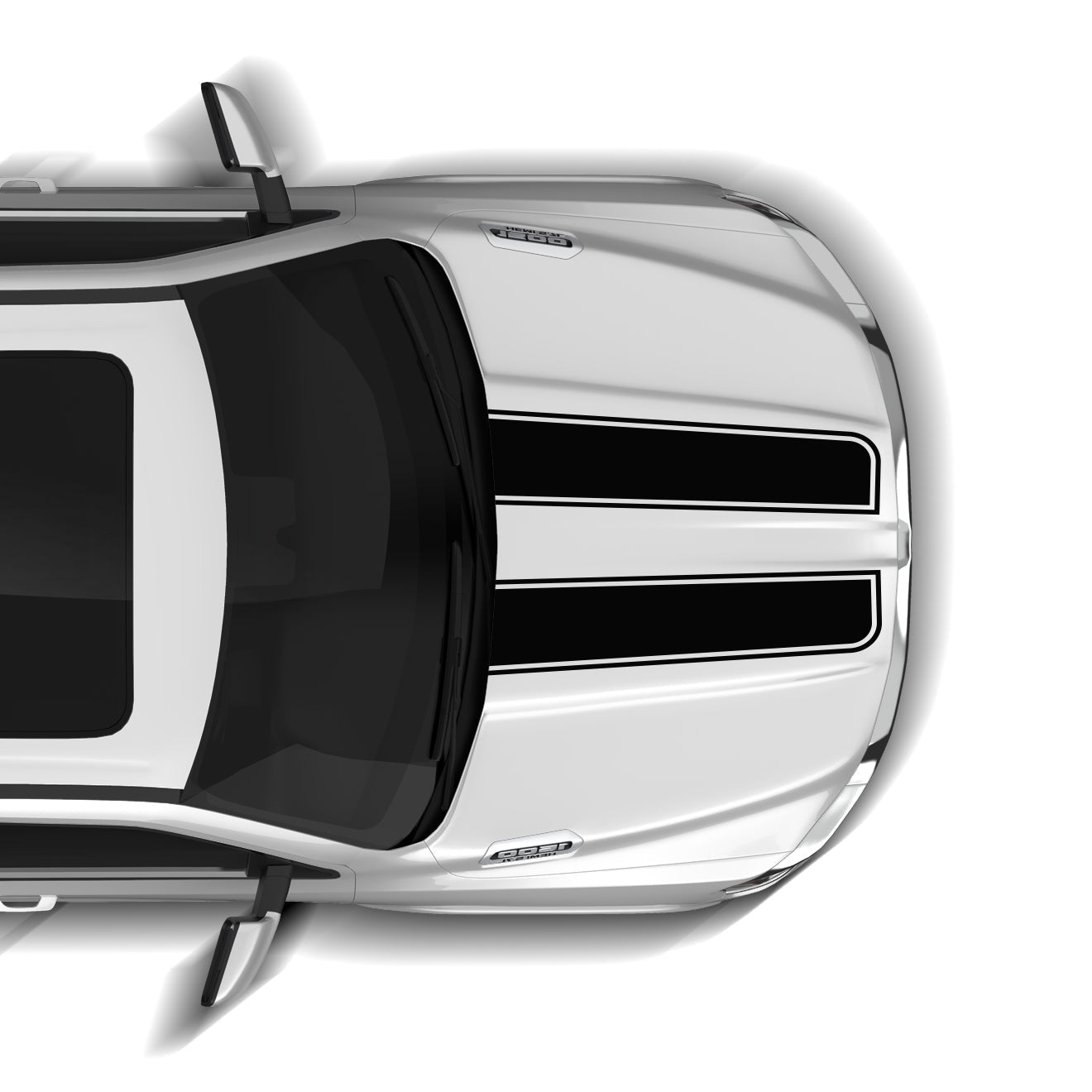 Top-down view of a white car with black windows on a white background