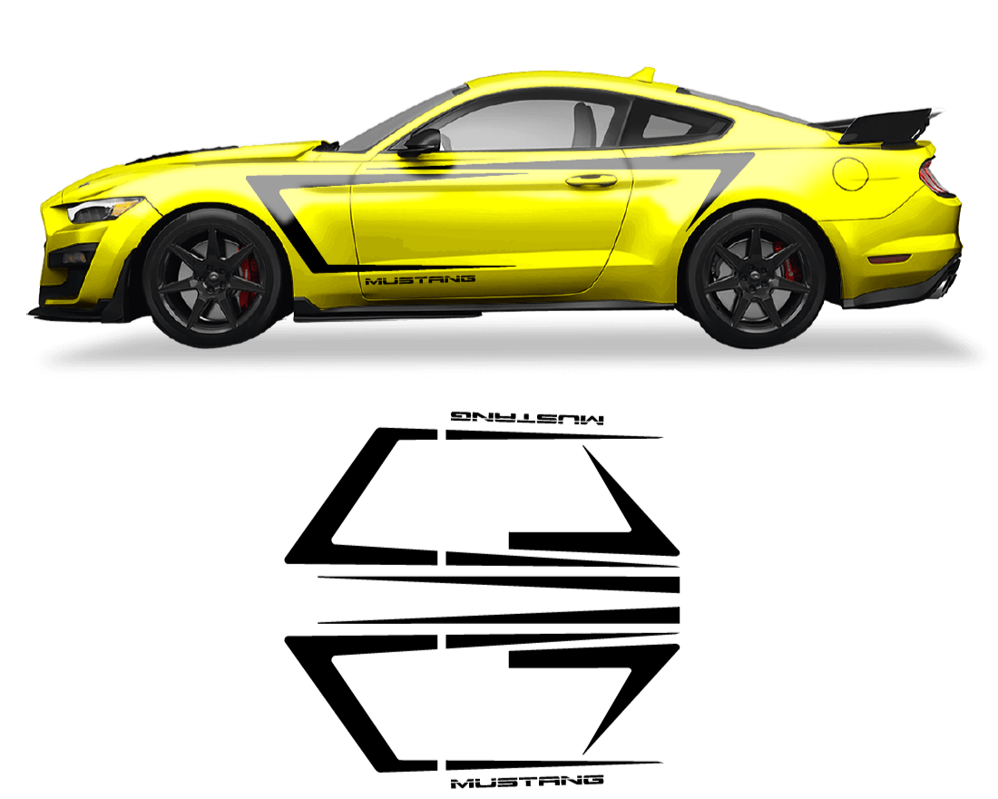 Yellow Mustang car with black accents on a black background, featuring UGS Graphics logo.