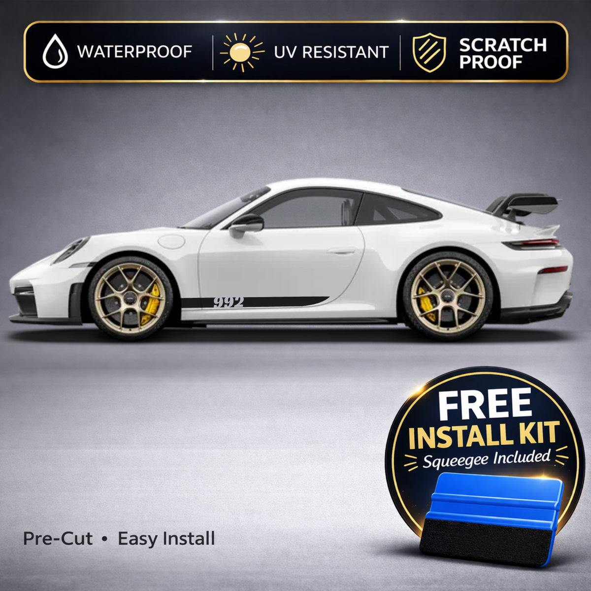 Porsche 911 Rocker Stripe Decals with 992 Chassis Badge - Side Stripe Kit Set of 2 (992, 2019-Present)