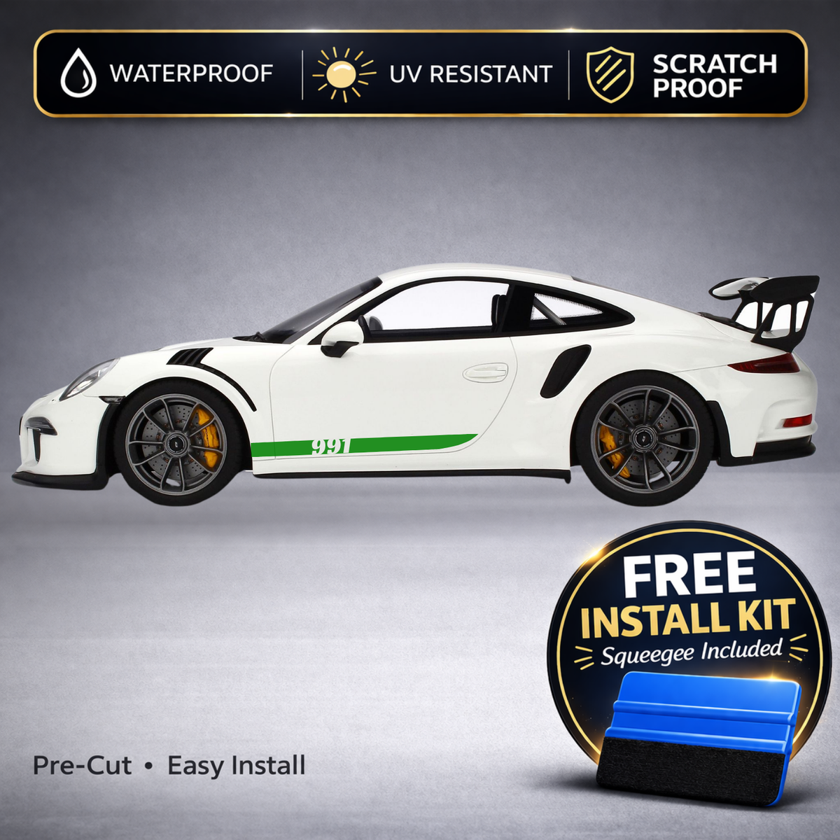 Porsche 911 Rocker Stripe Decals with 991 Chassis Badge - Side Stripe Kit Set of 2 (991, 2012-2019)