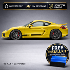Porsche Cayman / Boxster Rocker Stripe Decals with 981 Chassis Badge - Side Stripe Kit Set of 2 (981, 2012-2016)