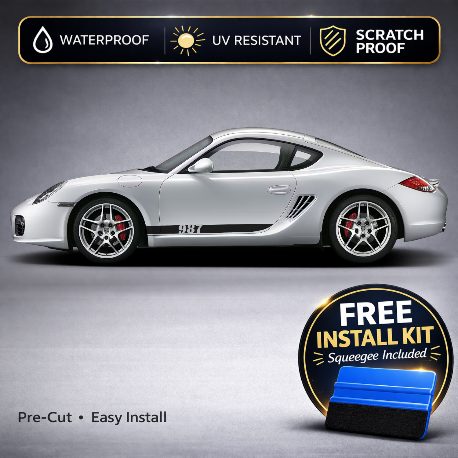 Porsche Cayman / Boxster Rocker Stripe Decals with 987 Chassis Badge - Side Stripe Kit Set of 2 (987, 2005-2012)