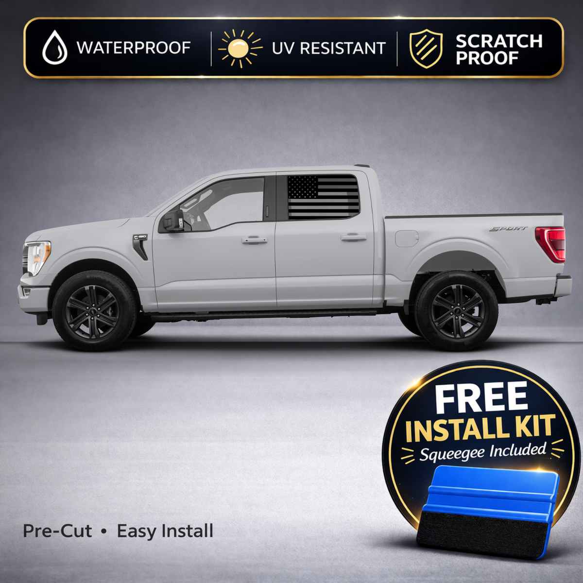 Ford F-150 Rear Quarter Window American Flag Decal - Distressed Flag Sticker Set of 2 (2015-2026)