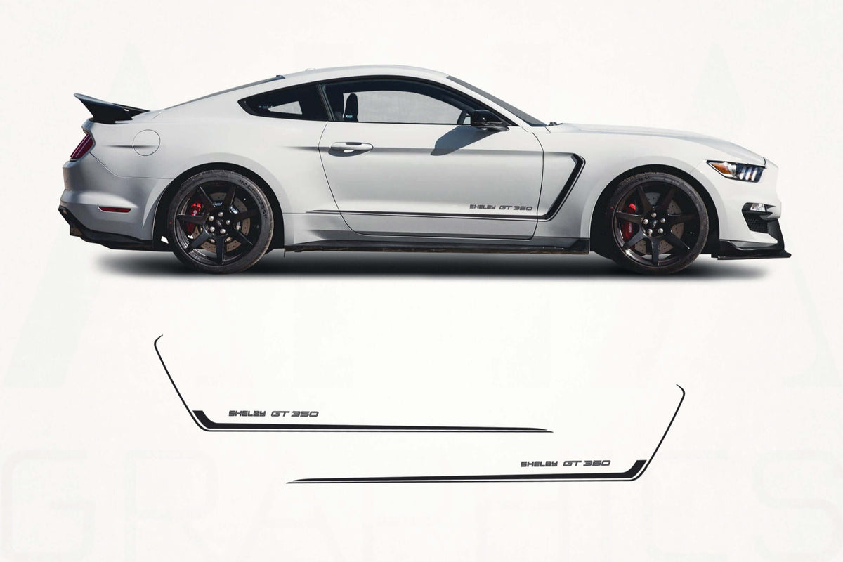 White Ford Mustang with black side graphics on a white background