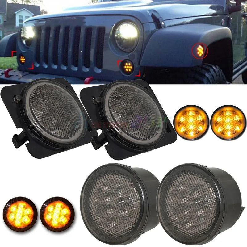 Front LED Turn Signal Light with White Halo Smoke Lens for Jeep Wrangler (2007–2011) | JLDVHL