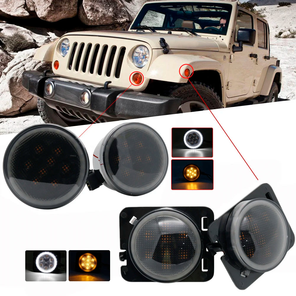 Front LED Turn Signal Light with White Halo Smoke Lens for Jeep Wrangler (2007–2011) | JLDVHL