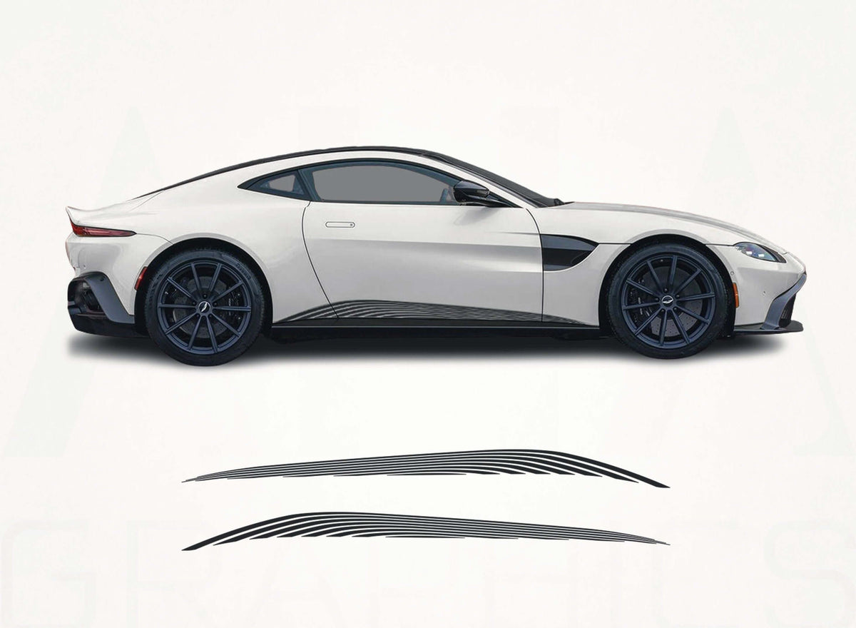 White sports car with black graphics on a white background
