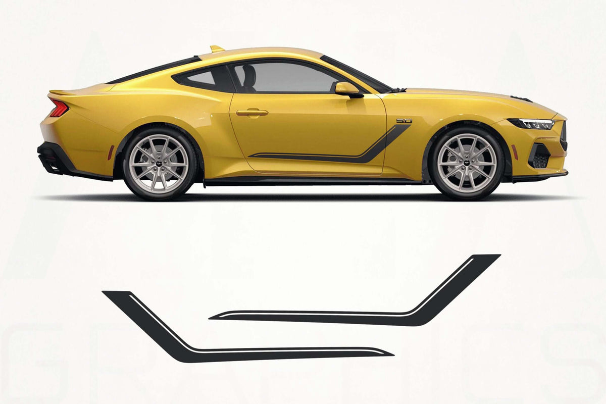 Yellow sports car with a black vinyl wrap design on a white background