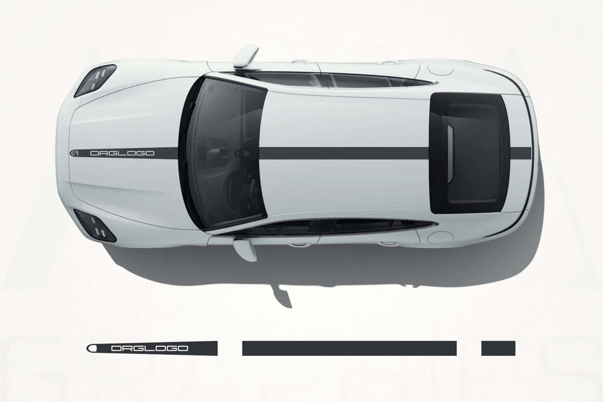 Top-down view of a white car with black stripes on a light gray background, featuring AHA Graphics logo.