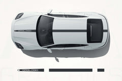 Top-down view of a white car with black stripes on a light gray background, featuring AHA Graphics logo.