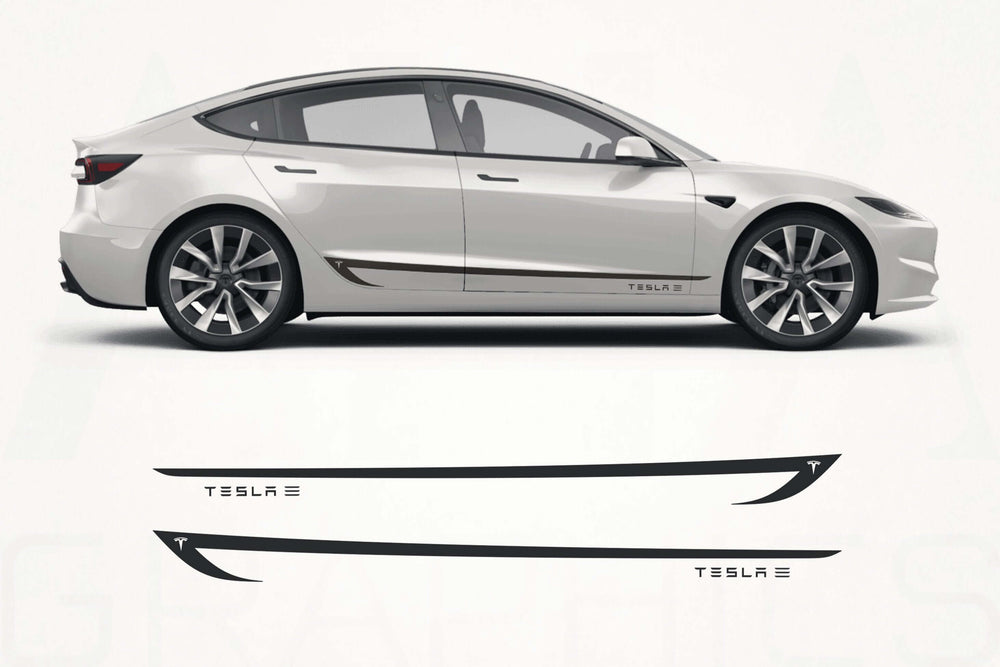 White Tesla Model 3 car with decal designs on a white background