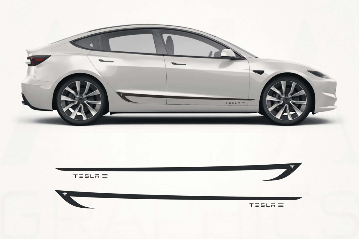 White Tesla Model 3 car with decal designs on a white background