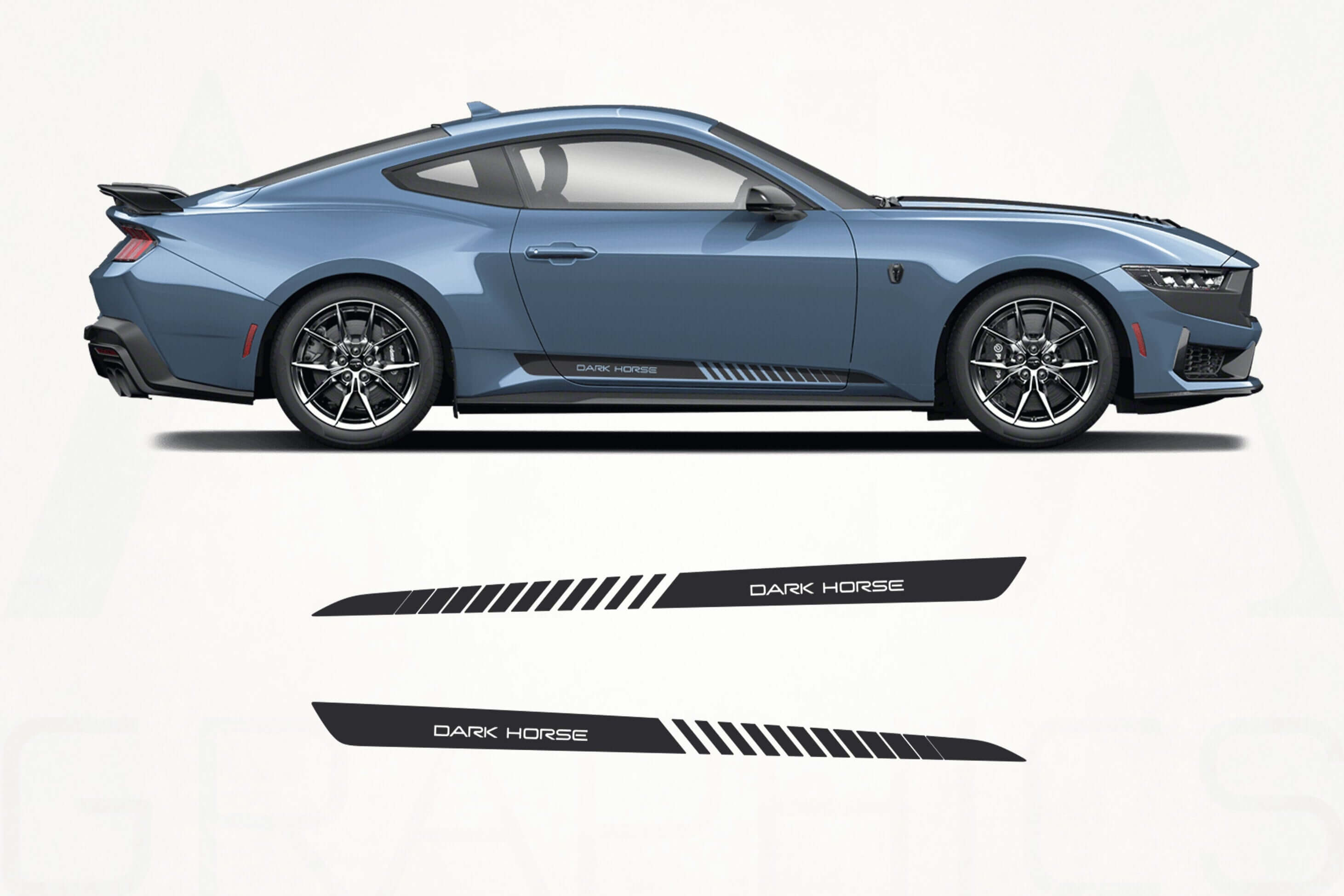 Blue sports car with 'Dark Horse' decal designs on a white background