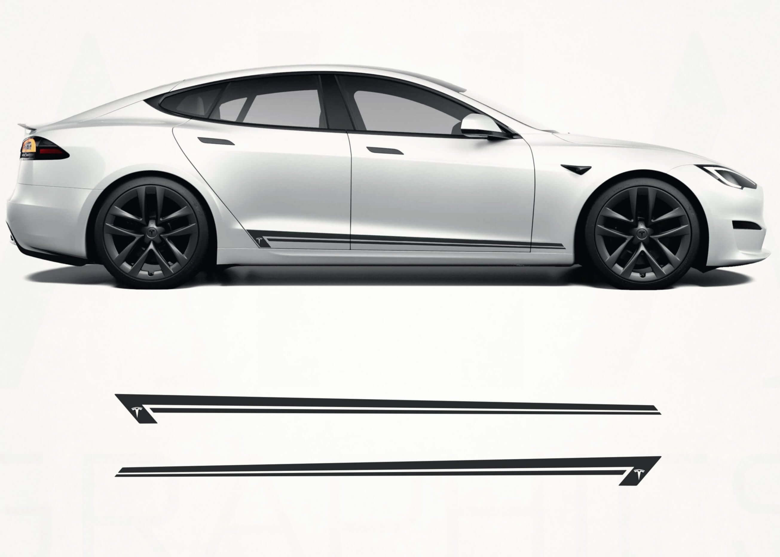 White Tesla Model S with black wheels on a white background, featuring AHA Graphics logo.