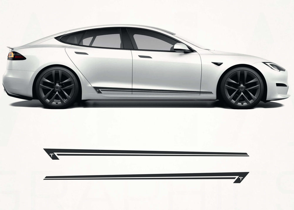 White Tesla Model S with black wheels on a white background, featuring AHA Graphics logo.