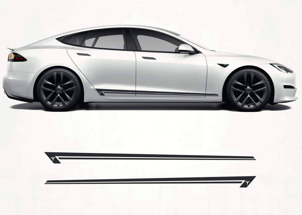 White Tesla Model S with black wheels on a white background, featuring AHA Graphics logo.