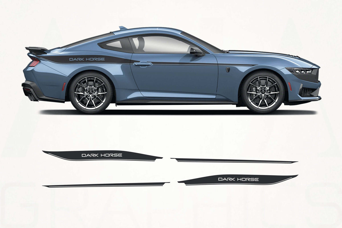 Blue car with 'Dark Horse' graphics on a white background