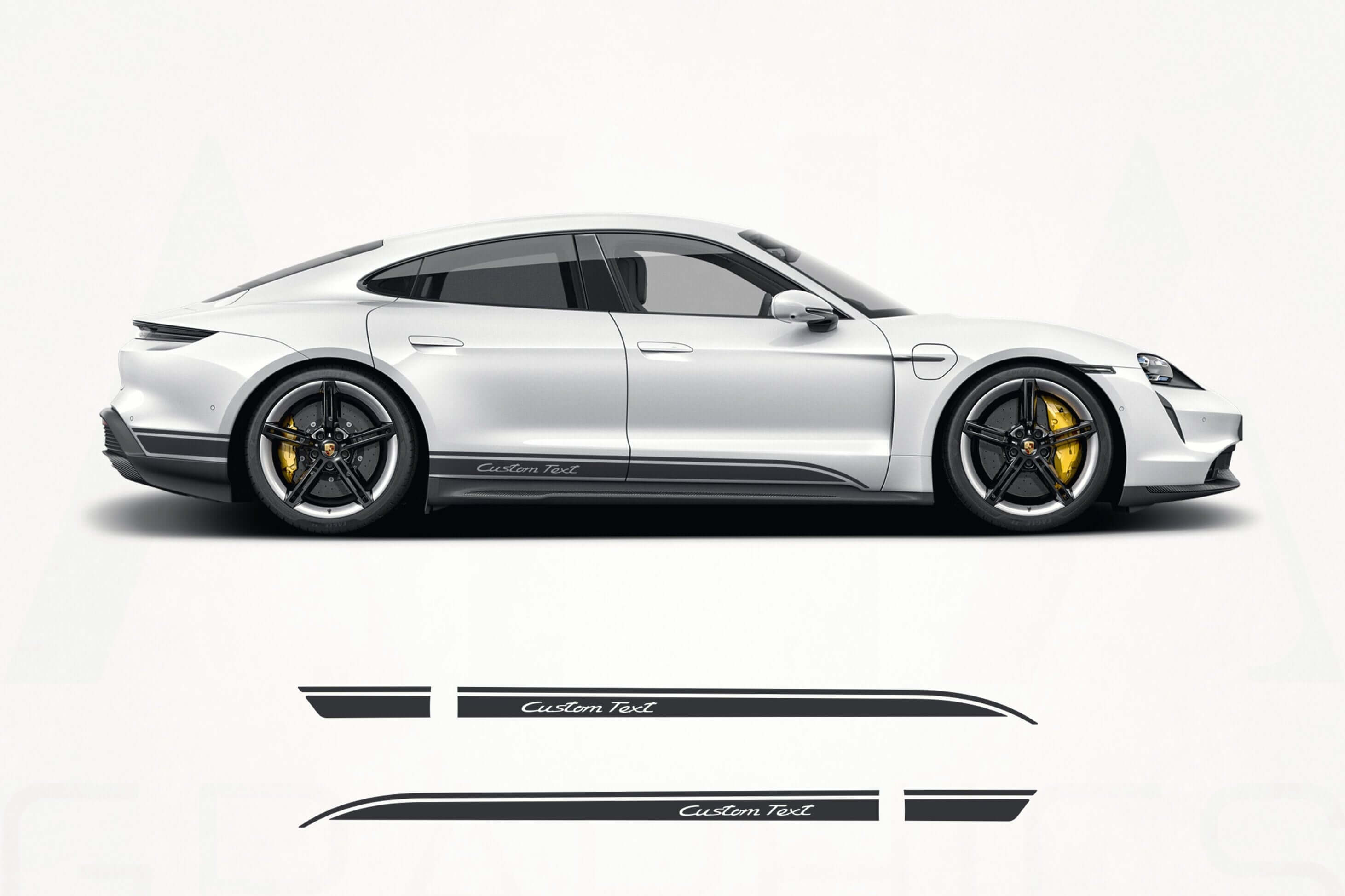 White sports car with black and yellow accents on a white background, featuring AHA Graphics branding.