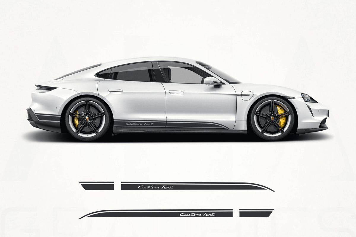 White sports car with black and yellow accents on a white background, featuring AHA Graphics branding.