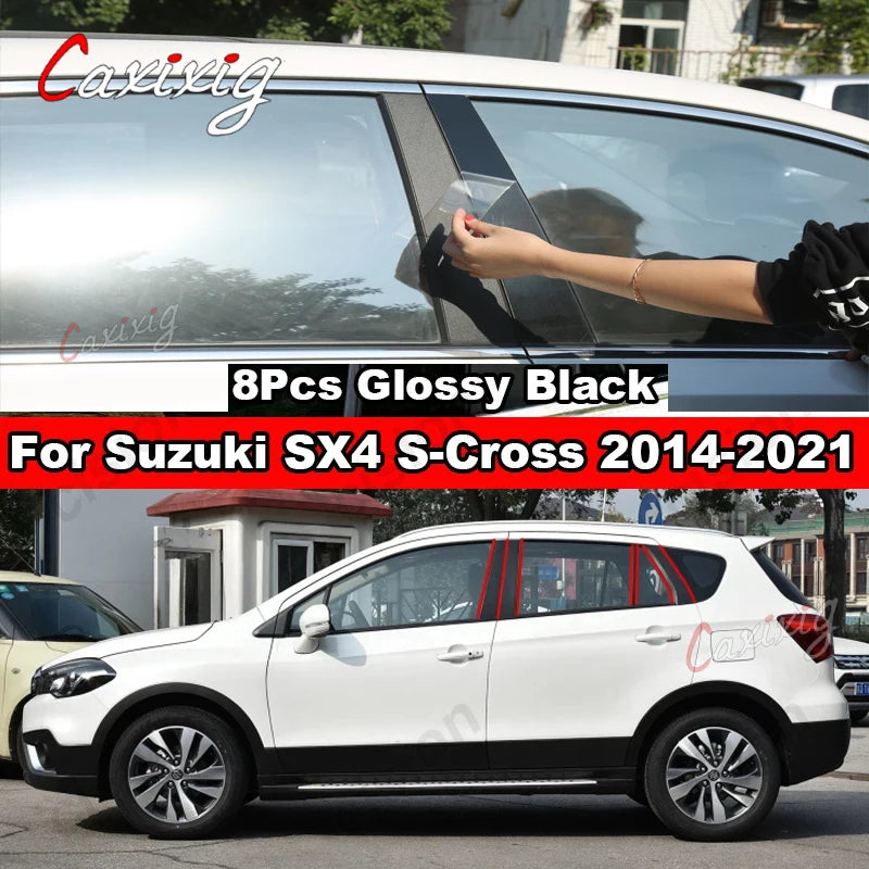 For Suzuki Scross SX4 2014-2021 8x Black Car Door Window Center BC Pillar Posts Trim Cover Sticker PC Mirror Effect Carbon Fiber