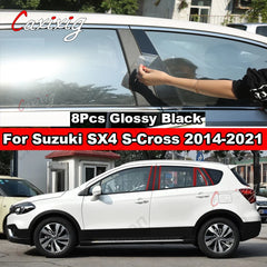 For Suzuki Scross SX4 2014-2021 8x Black Car Door Window Center BC Pillar Posts Trim Cover Sticker PC Mirror Effect Carbon Fiber