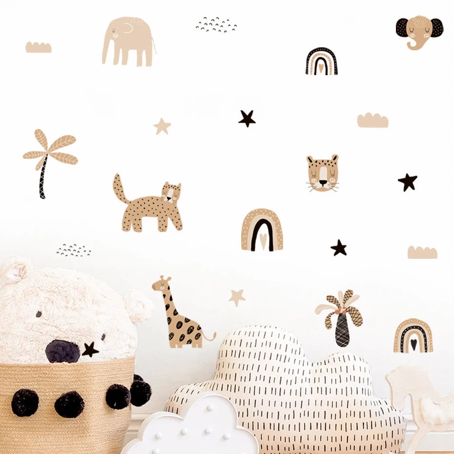 Boho Cartoon Rainbow & Animal Wall Decals - Watercolor Nursery Stickers for Kids' Rooms