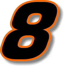 Cargar imagen en el visor de la galería, Custom Race Number Vinyl Sticker – Square Font, Black &amp; Orange Border | 5 Sizes, Digits 0–9
