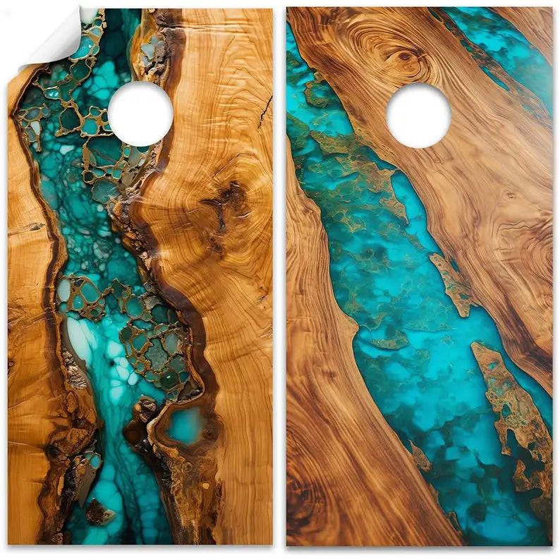 Cornhole Board Wraps and Decals for Boards Set of 2 Skins Professional Vinyl Covers Sticker - Wood Turquoise Epoxy Decal