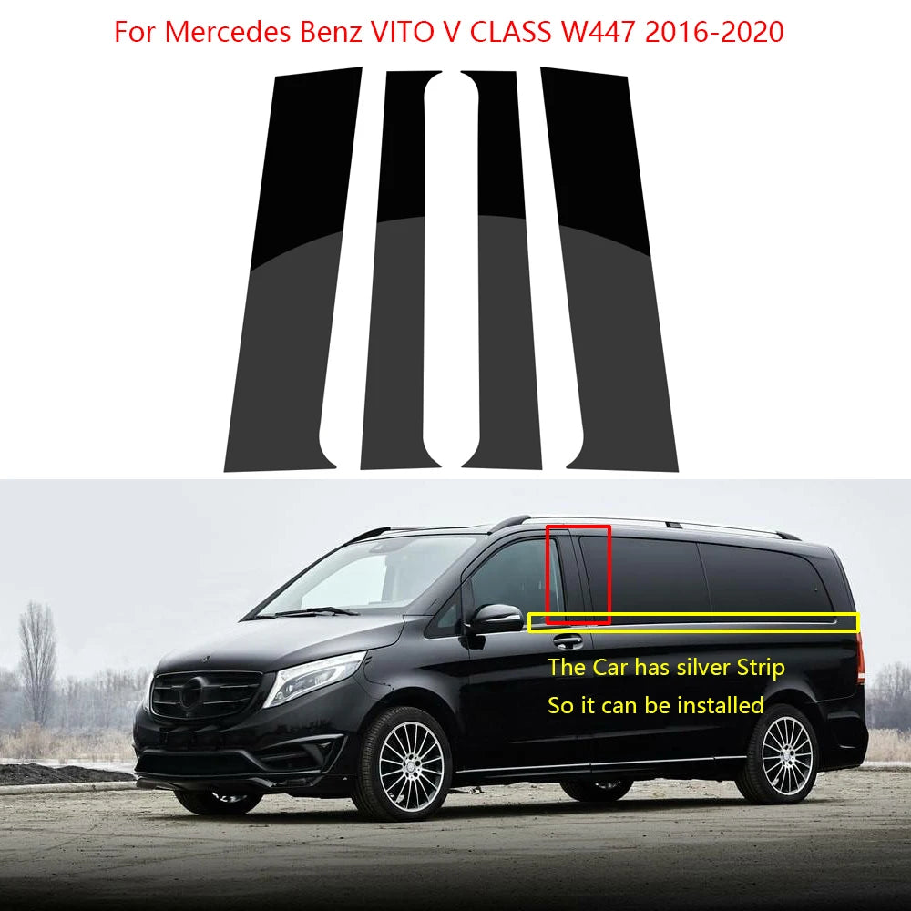 4Pcs Glossy Black Car Door Central Window Column Strip PC Pillar For Mercedes Benz VITO V CLASS W447 2016-2020 Car Accessories